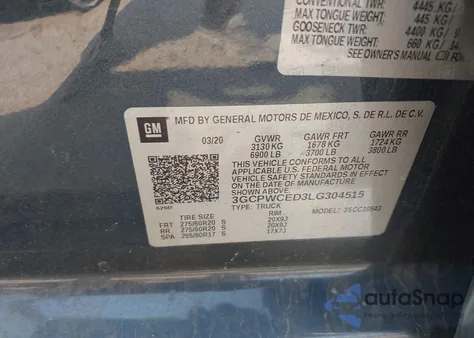 2020 Chevrolet Silverado 1500 2Wd Short Bed Lt z USA, uszkodzony, nr VIN 3GCPWCED3LG304515